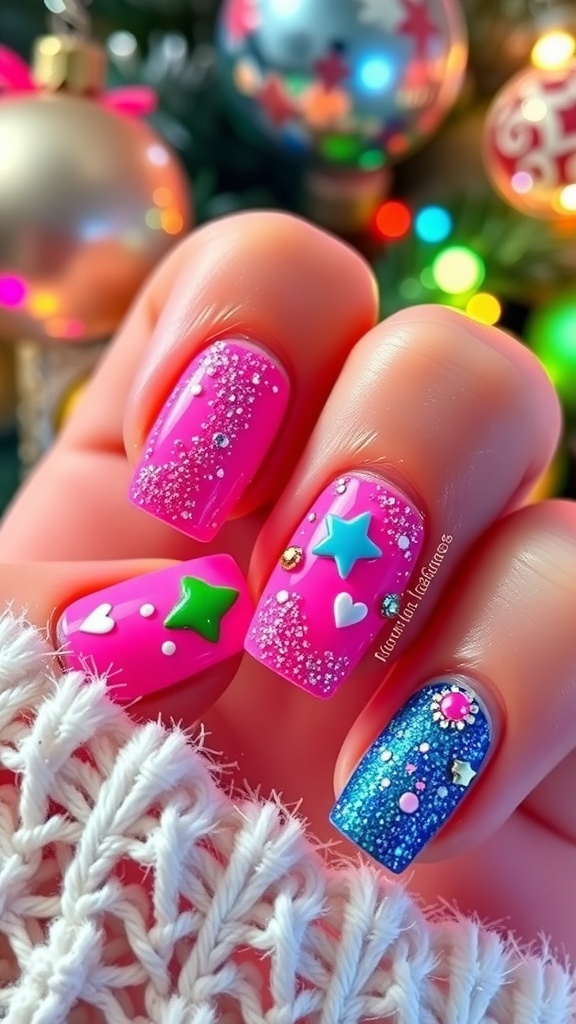Close-up of colorful Y2K Christmas nail art with glitter and festive designs.